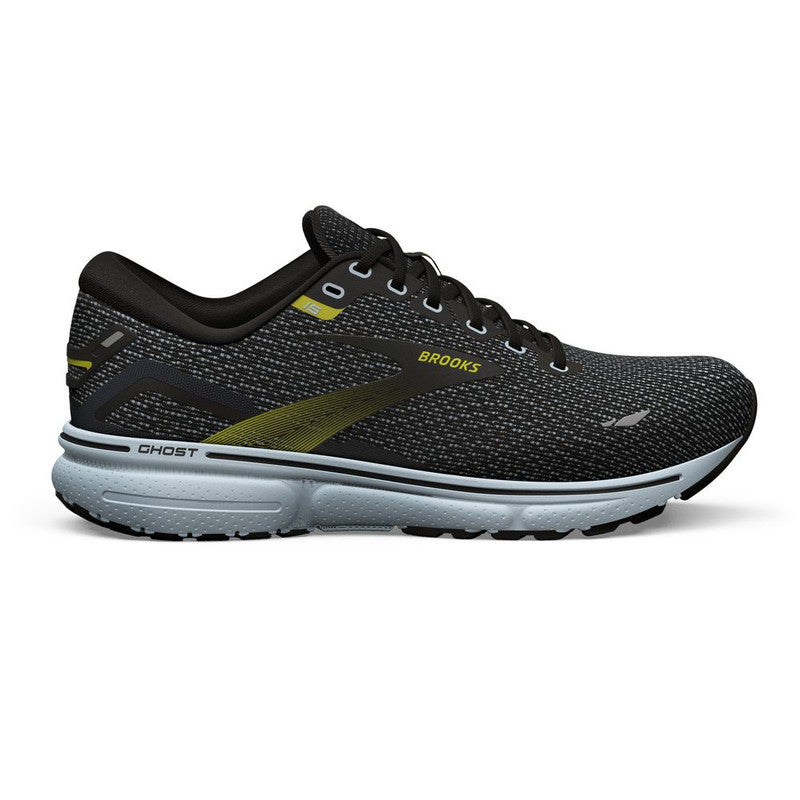 Men's Brooks Ghost 15, Black/Ballad Blue/Sulphur, 13 D Medium