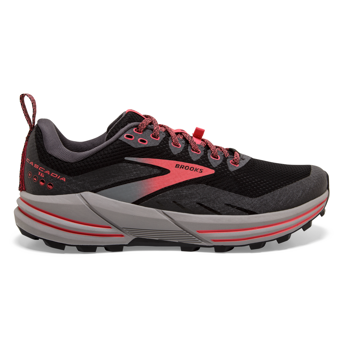 Women's Brooks Cascadia 16 GTX, Black/Blackened Pearl/Coral, 7 B Medium
