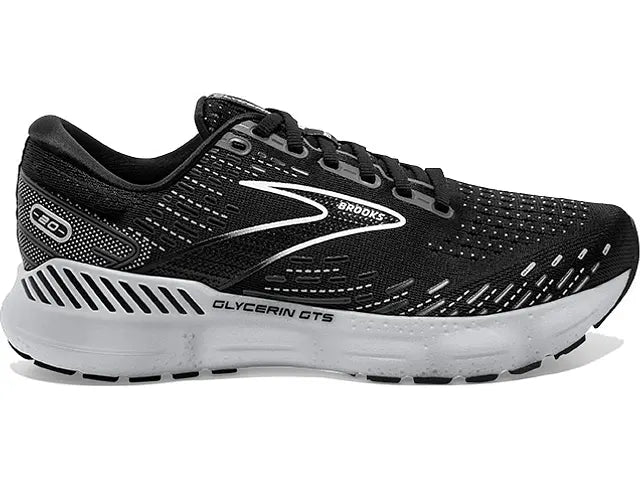 Women's Brooks Glycerin GTS 20, Black/White/Alloy, 12 D Wide