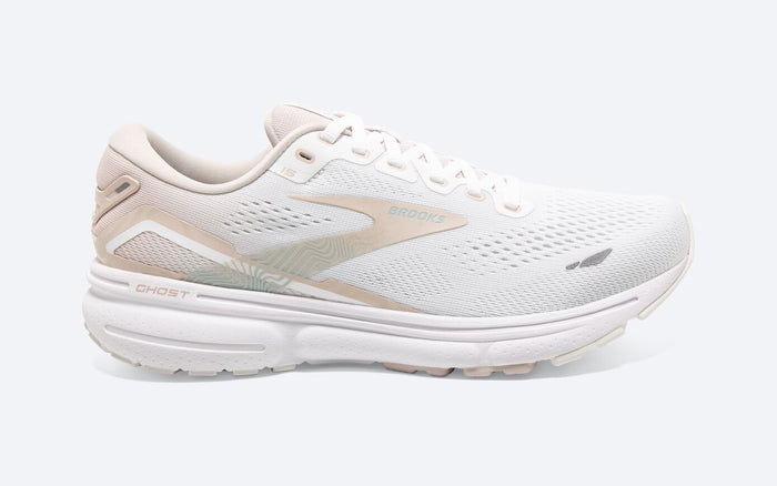 Women's Brooks Ghost 15, White/Crystal Grey/Glass, 8.5 B Medium