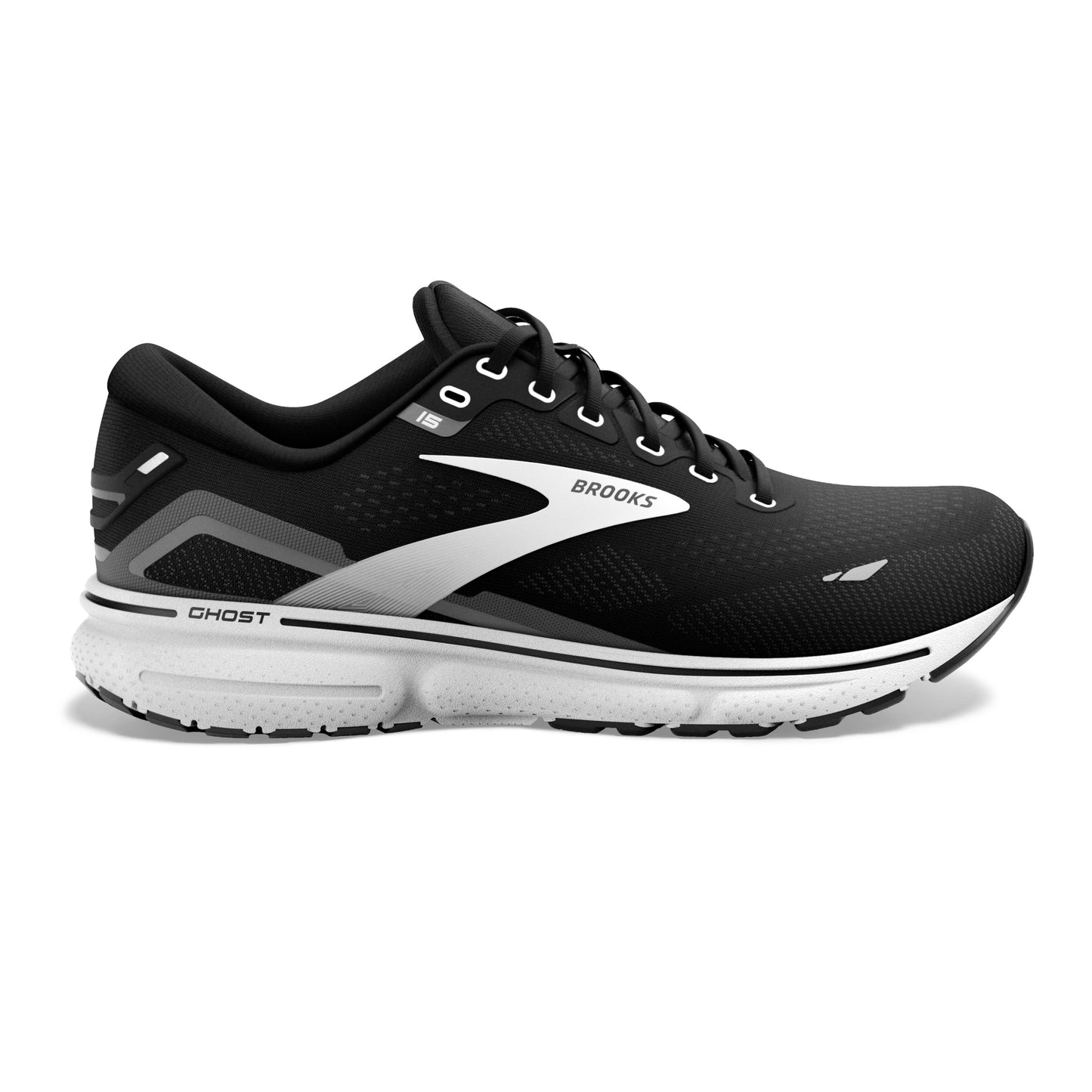 Men's Brooks Ghost 15, Black/Blackened Pearl/White, 7 2E Wide