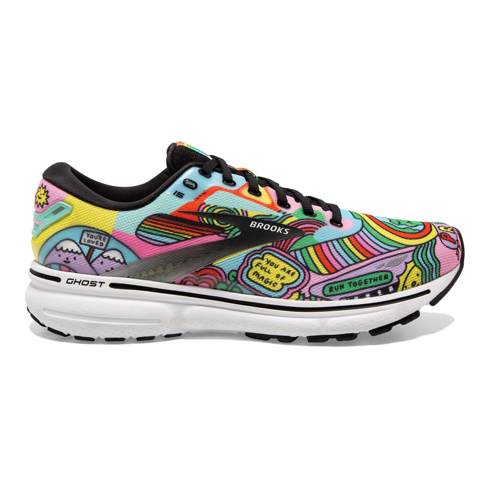 Women's Brooks Ghost 15, Black/White/Multi, 9.5 B Medium