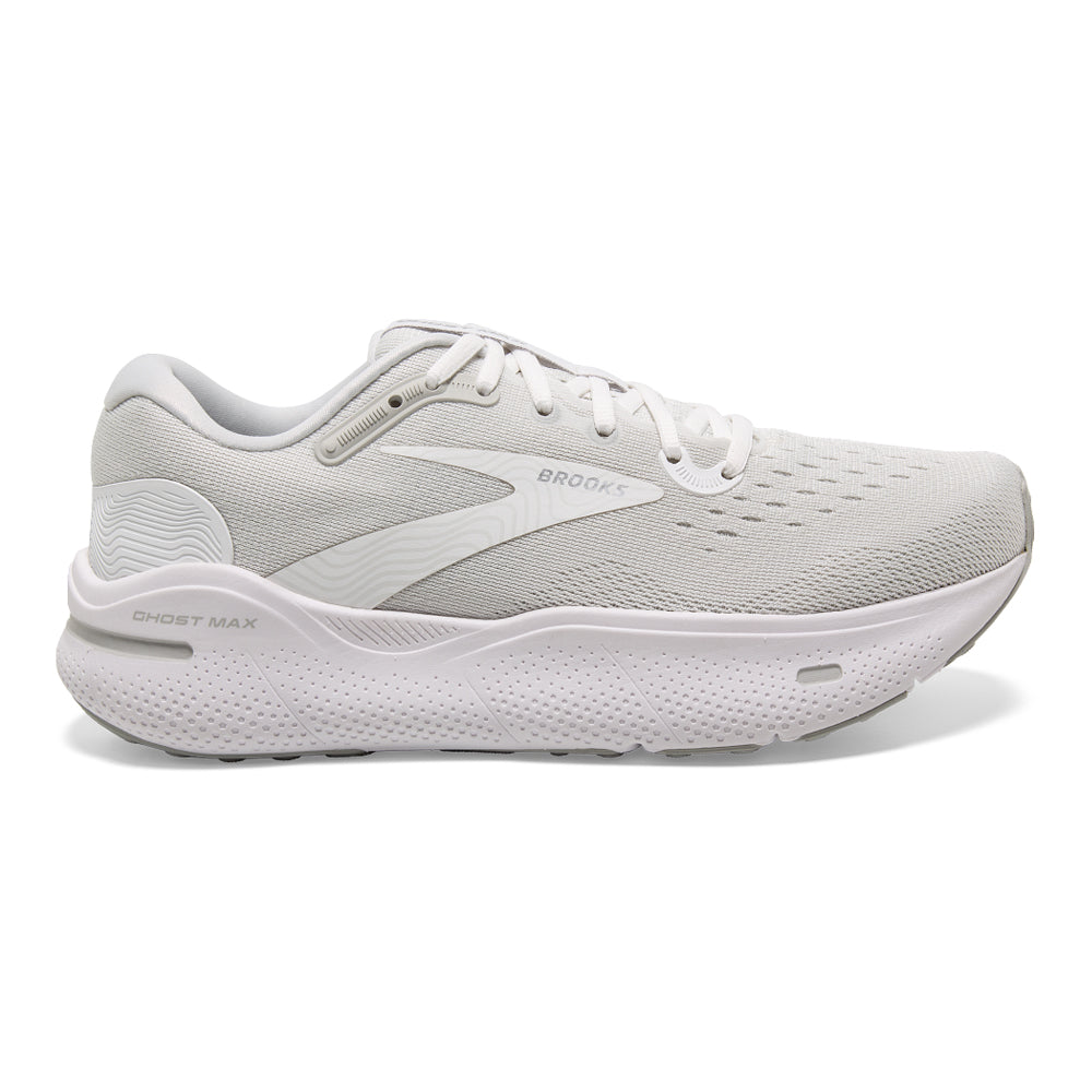 Women's Brooks Ghost Max, White/Oyster/Metallic Silver, 10 B Medium