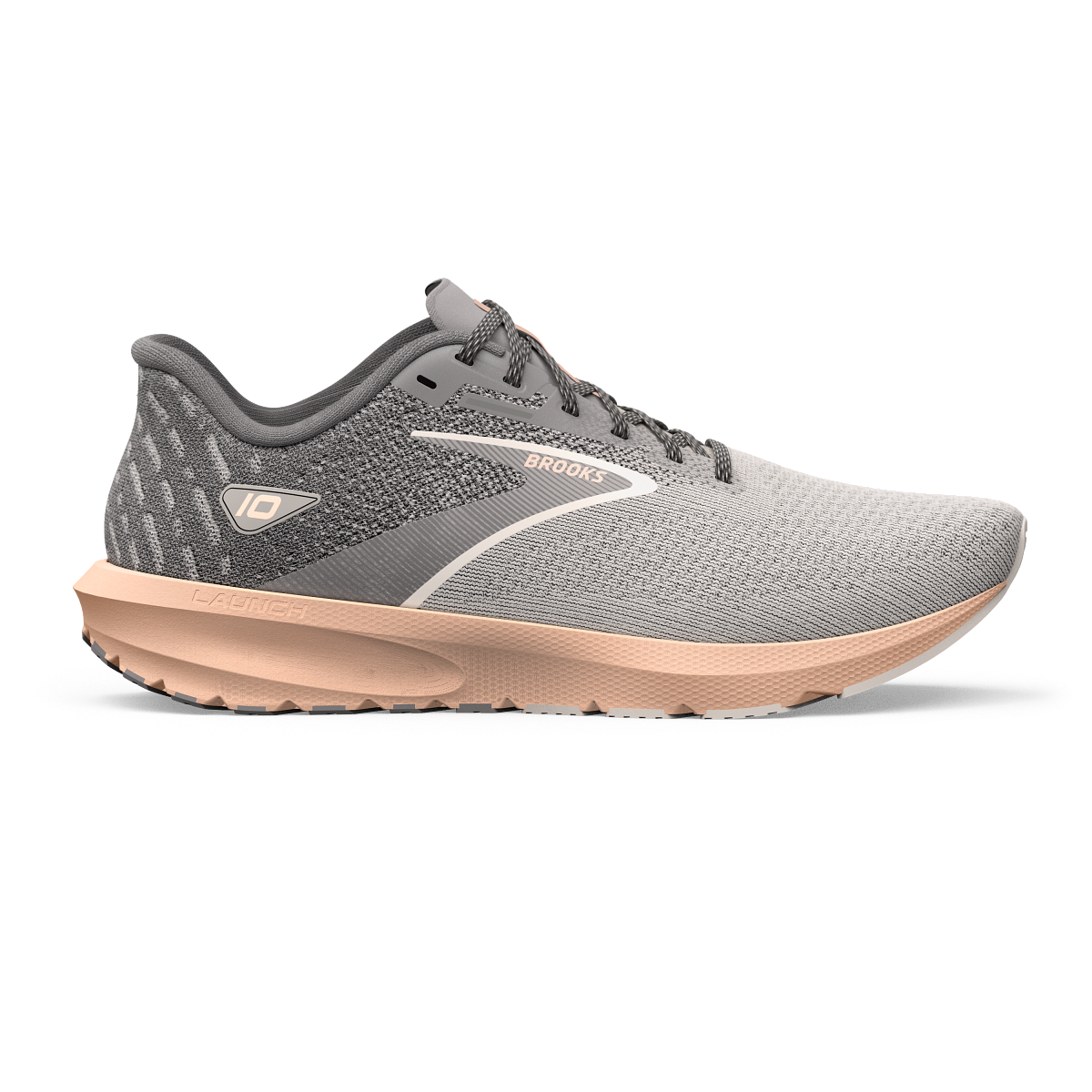 Women's Brooks Launch 10, Grey/Crystal Grey/Pale Peach, 9 B Medium