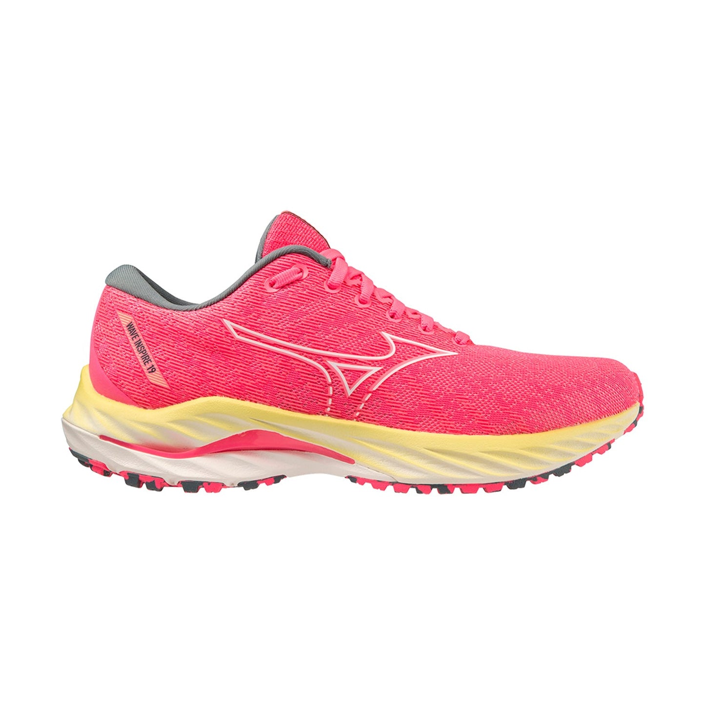 Women's Mizuno Wave Inspire 19, High-Vis Pink/Snow White, 8.5 B Medium