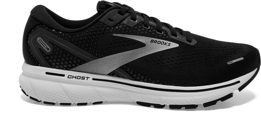 Women's Brooks Ghost 14, Black/White/Silver, 9 B Medium