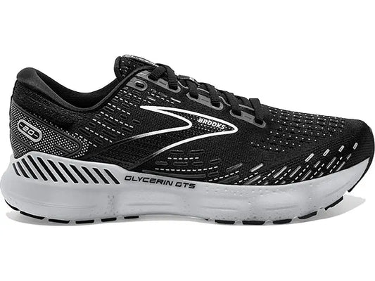 Women's Brooks Glycerin GTS 20, Black/White/Alloy, 9.5 D Wide