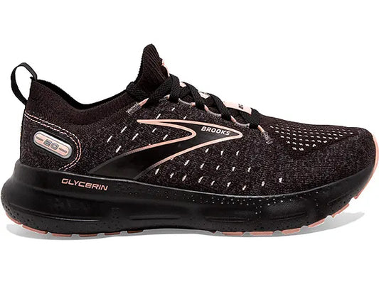 Women's Brooks Glycerin StealthFit 20, Black/Pearl/Peach, 8.5 B Medium