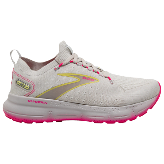 Women's Brooks Glycerin StealthFit 20, Grey/Yellow/Pink, 6.5 B Medium