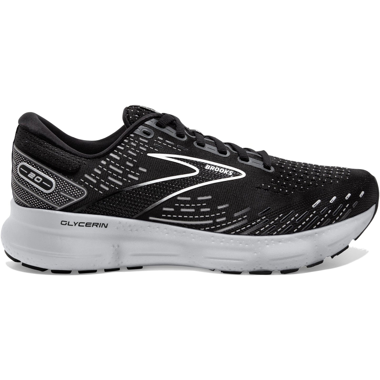 Men's Brooks Glycerin 20, Black/White/Alloy, 14 2E Wide