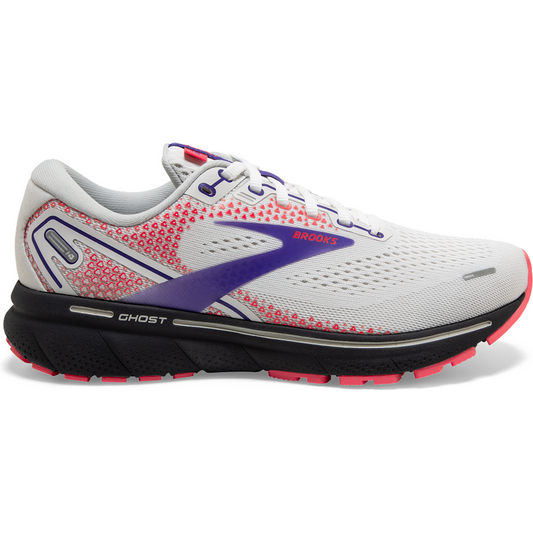 Women's Brooks Ghost 14, White/Purple/Coral, 12 B Medium