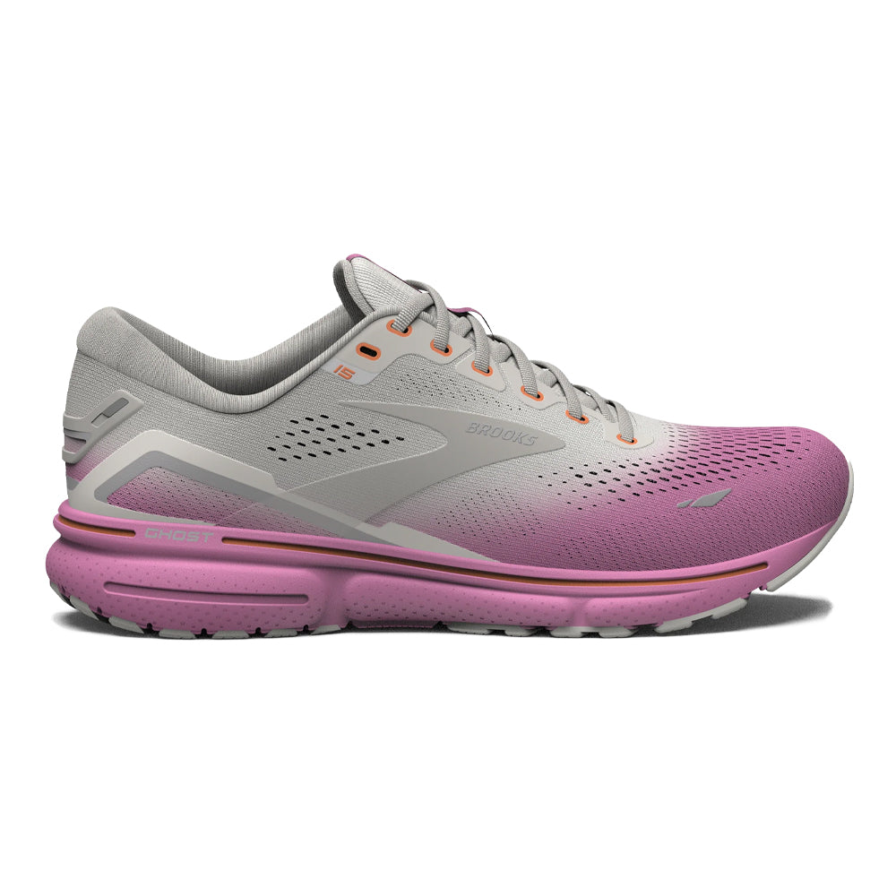 Women's Brooks Ghost 15, Grey/Coconut/Fuchsia, 8 B Medium