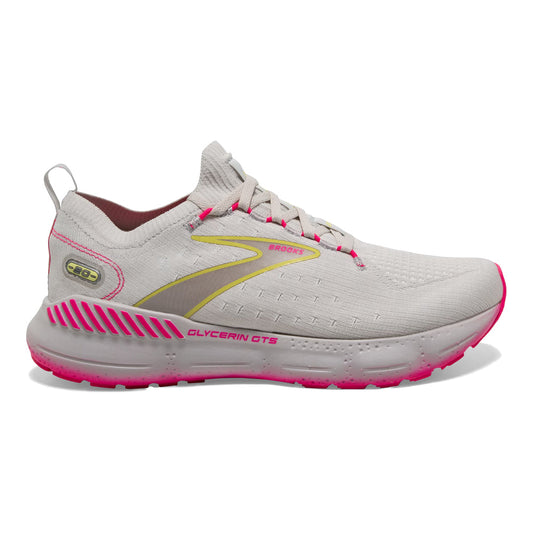 Women's Brooks Glycerin StealthFit GTS 20, Grey/Yellow/Pink, 7.5 B Medium
