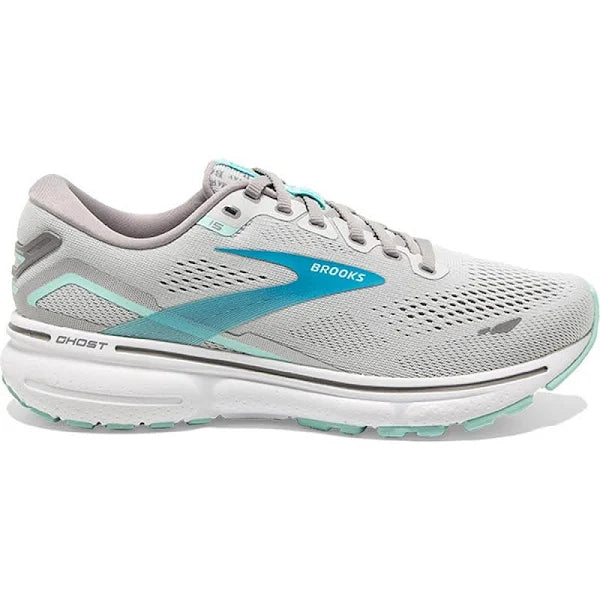 Women's Brooks Ghost 15, Grey/Blackened Pearl/Blue, 7.5 B Medium