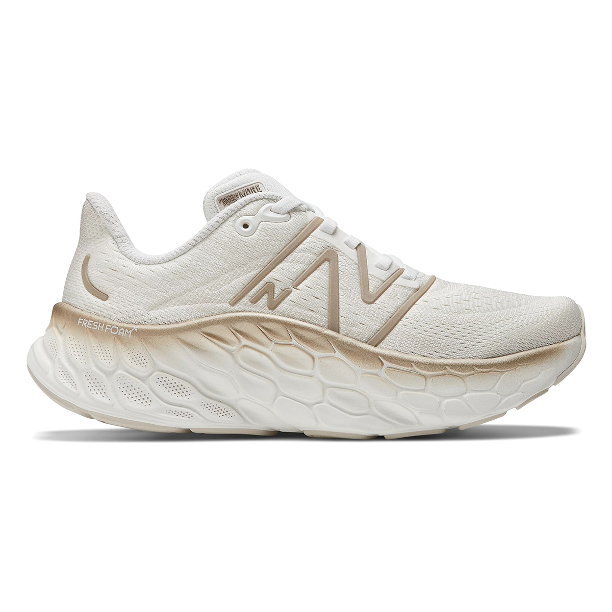 Women's New Balance Fresh Foam X More v4, White/Gold/Metallic/Moonbeam, 7.5 B Medium