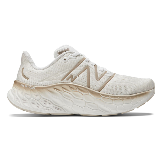 Women's New Balance Fresh Foam X More v4, White/Gold/Metallic/Moonbeam, 7.5 B Medium